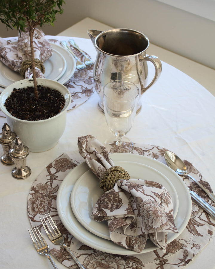 Brown floral dinner napkins set of 4, premium cotton with hemstitch edge for refined hosting and gatherings.