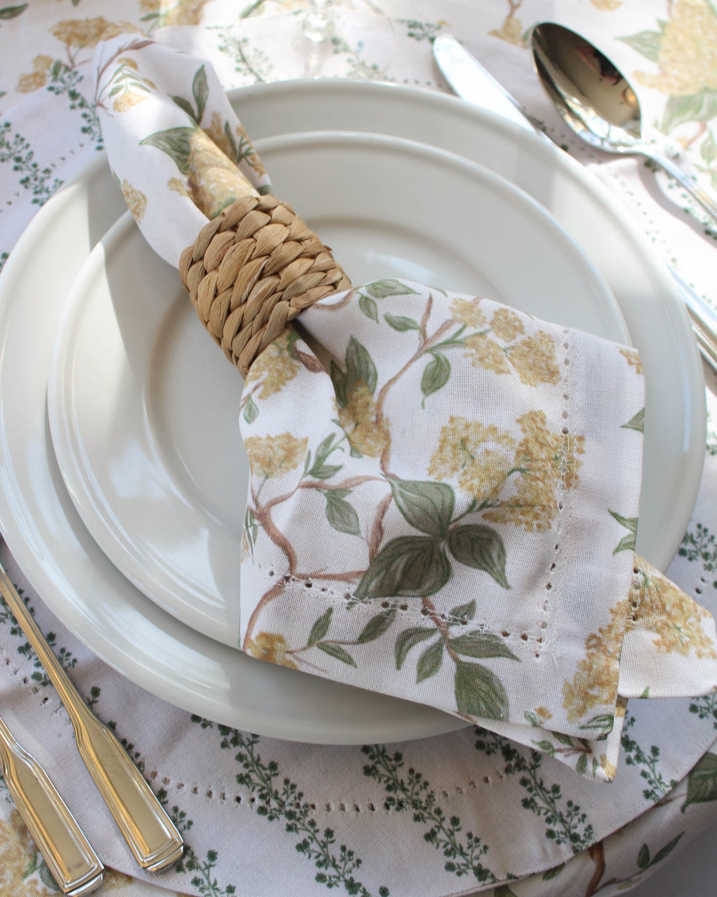 Floral-patterned yellow napkin for a fall tablescape